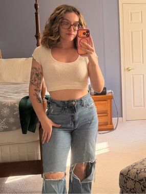 Women's Cream Boho Scoop Neck Crop Top